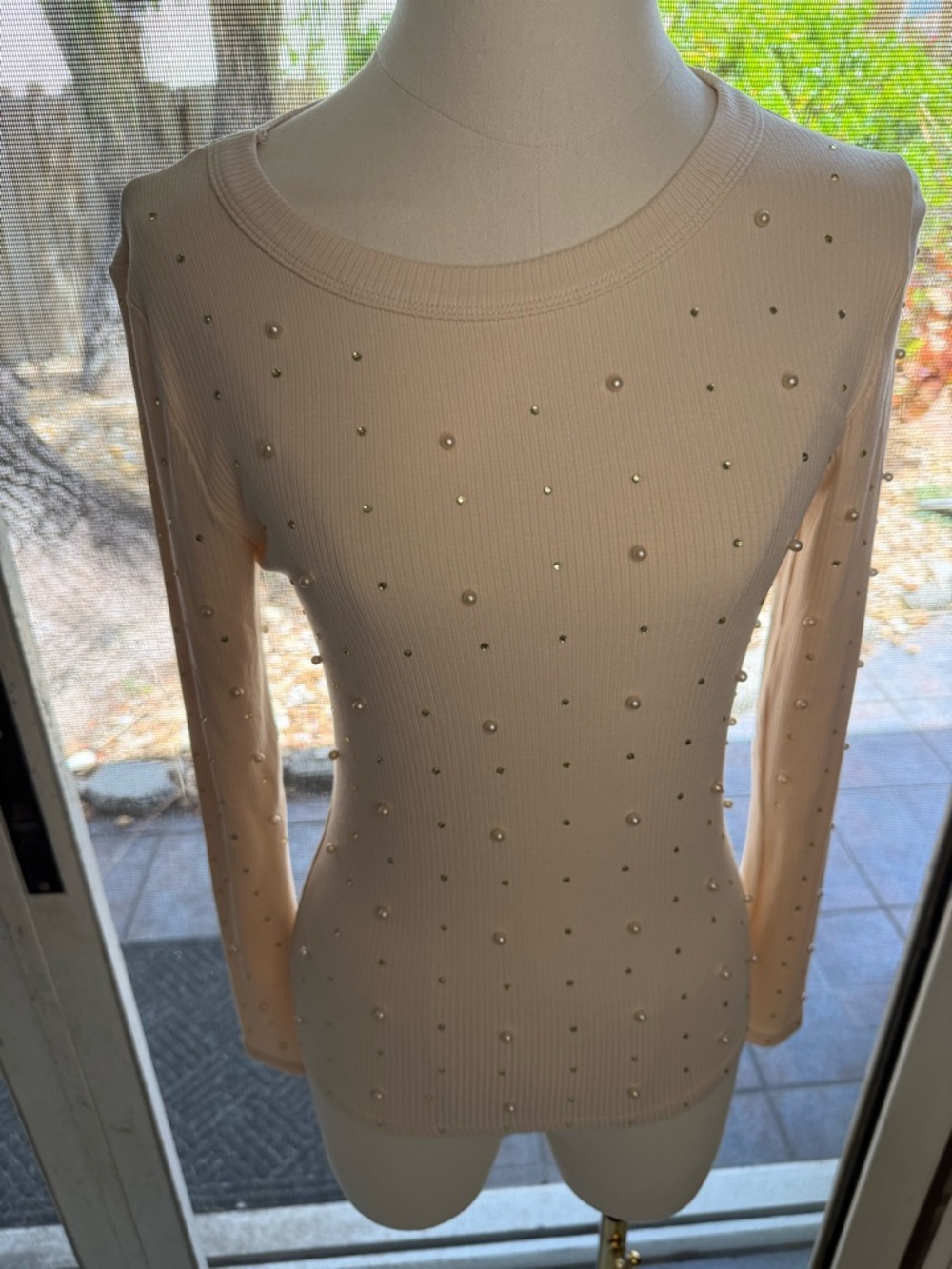 white birch Blush Rhinestone and Pearl Ribbed Long Sleeve Tee NWOT